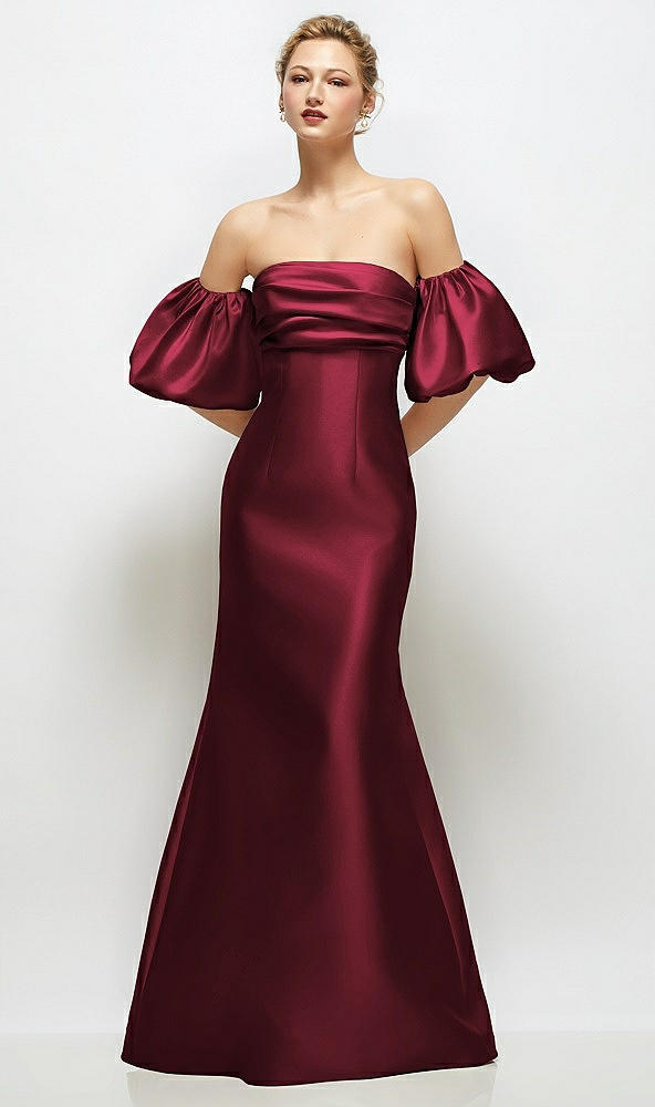 Front View - Cabernet Off-the-Shoulder Puff Sleeve Satin Maxi Dress with Flared Skirt