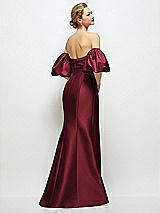 Rear View Thumbnail - Cabernet Off-the-Shoulder Puff Sleeve Satin Maxi Dress with Flared Skirt