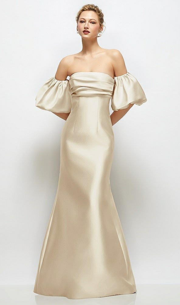 Front View - Champagne Off-the-Shoulder Puff Sleeve Satin Maxi Dress with Flared Skirt