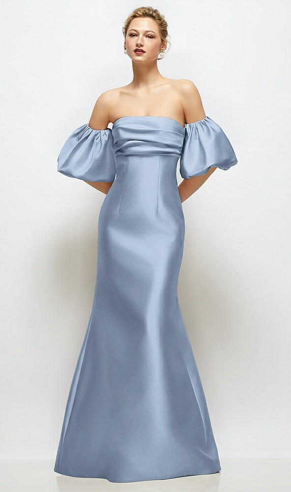 Front View - Cloudy Off-the-Shoulder Puff Sleeve Satin Maxi Dress with Flared Skirt