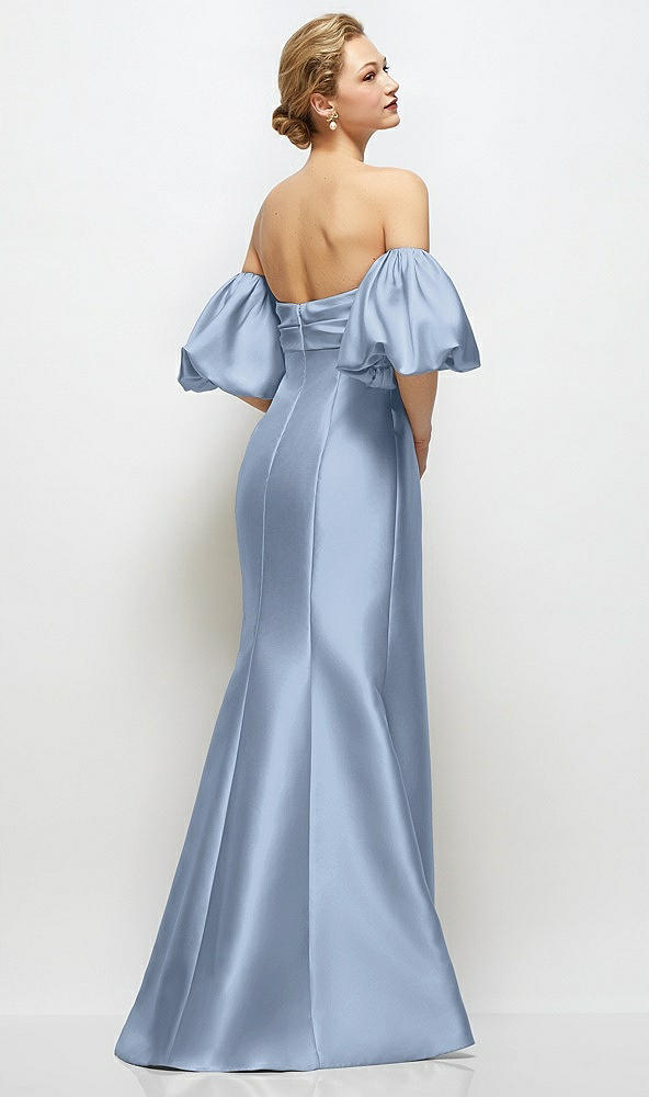 Back View - Cloudy Off-the-Shoulder Puff Sleeve Satin Maxi Dress with Flared Skirt