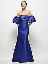 Front View Thumbnail - Cobalt Blue Off-the-Shoulder Puff Sleeve Satin Maxi Dress with Flared Skirt