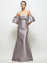 Front View Thumbnail - Cashmere Gray Off-the-Shoulder Puff Sleeve Satin Maxi Dress with Flared Skirt