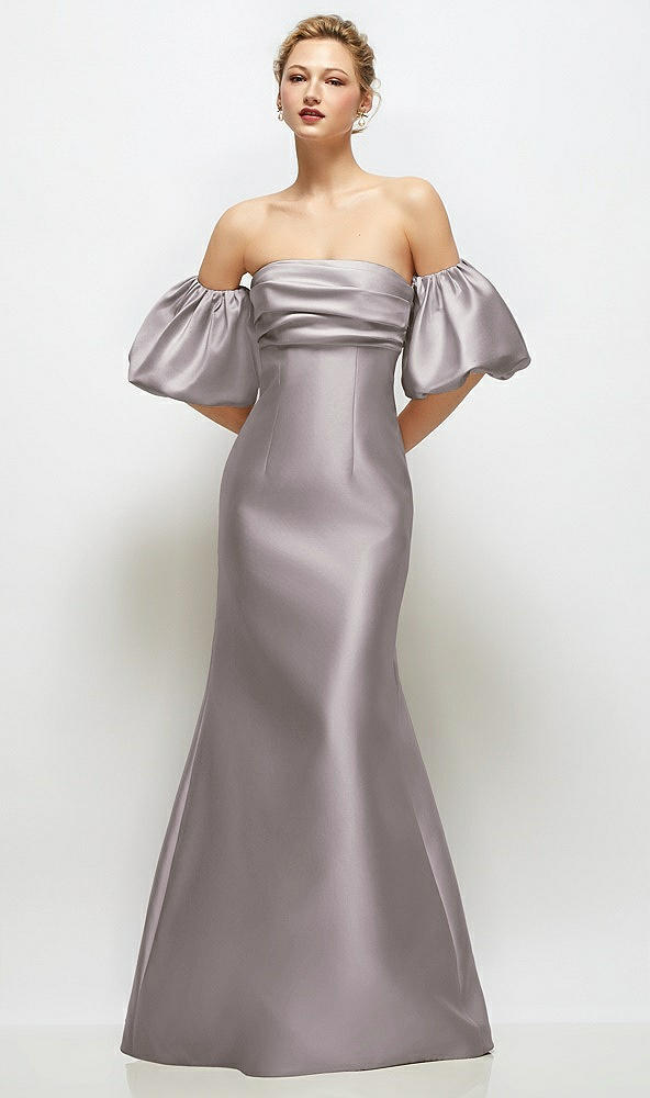 Front View - Cashmere Gray Off-the-Shoulder Puff Sleeve Satin Maxi Dress with Flared Skirt