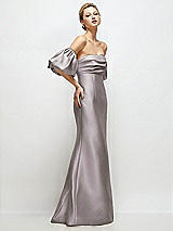 Side View Thumbnail - Cashmere Gray Off-the-Shoulder Puff Sleeve Satin Maxi Dress with Flared Skirt