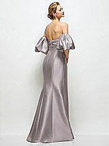 Rear View Thumbnail - Cashmere Gray Off-the-Shoulder Puff Sleeve Satin Maxi Dress with Flared Skirt