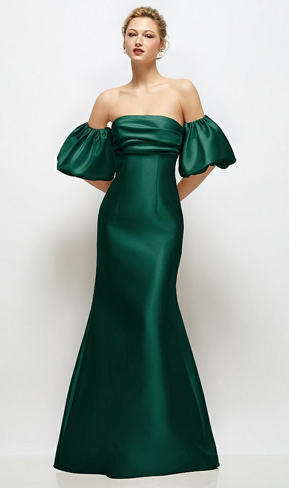 Front View - Hunter Green Off-the-Shoulder Puff Sleeve Satin Maxi Dress with Flared Skirt