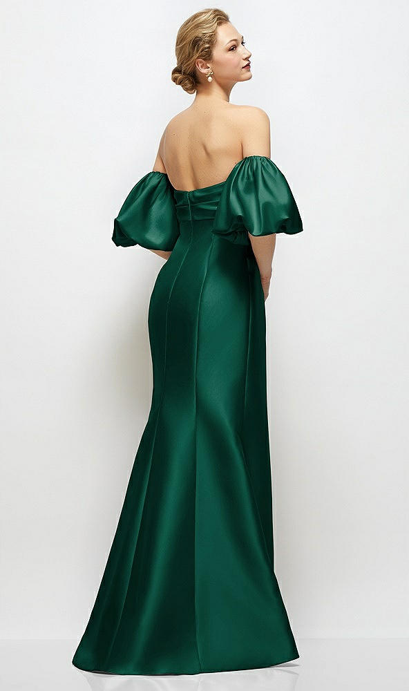 Back View - Hunter Green Off-the-Shoulder Puff Sleeve Satin Maxi Dress with Flared Skirt