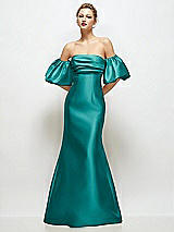 Front View Thumbnail - Jade Off-the-Shoulder Puff Sleeve Satin Maxi Dress with Flared Skirt