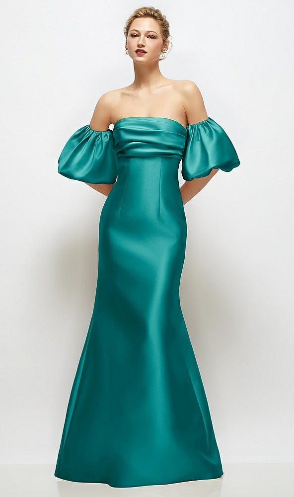 Front View - Jade Off-the-Shoulder Puff Sleeve Satin Maxi Dress with Flared Skirt