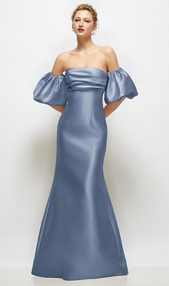 Front View - Larkspur Blue Off-the-Shoulder Puff Sleeve Satin Maxi Dress with Flared Skirt