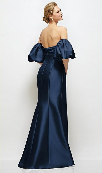 Off-the-shoulder Puff Sleeve Satin Maxi Bridesmaid Dress With