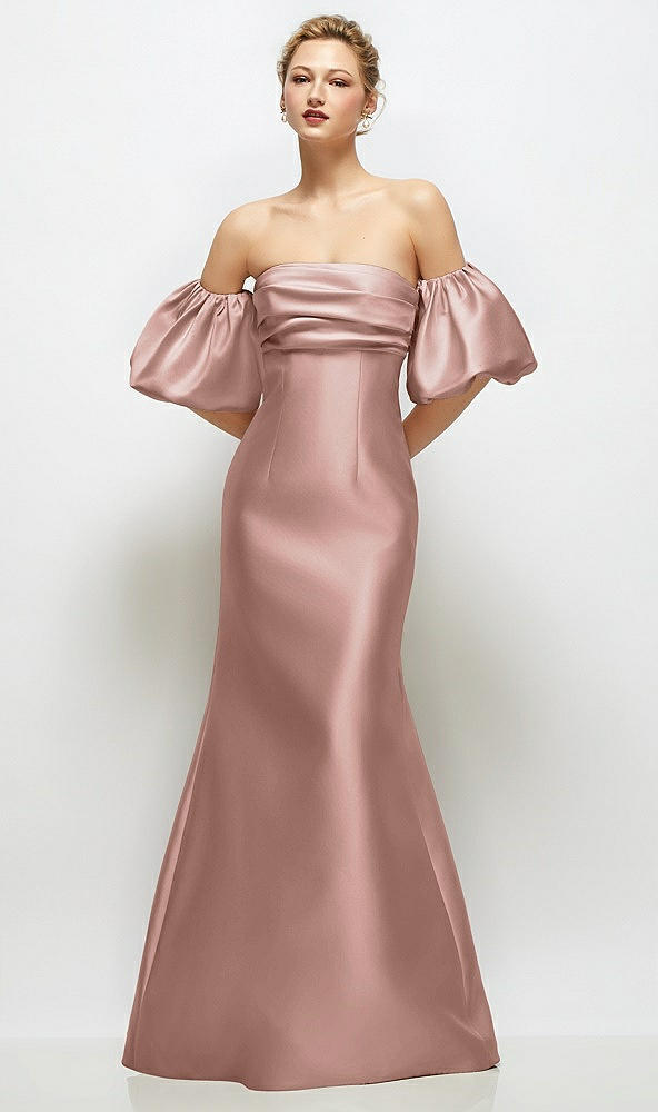 Front View - Neu Nude Off-the-Shoulder Puff Sleeve Satin Maxi Dress with Flared Skirt