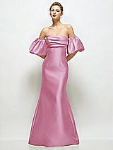 Front View Thumbnail - Powder Pink Off-the-Shoulder Puff Sleeve Satin Maxi Dress with Flared Skirt