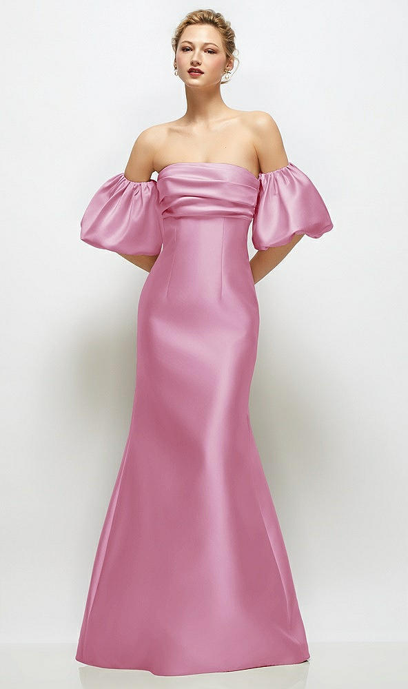 Front View - Powder Pink Off-the-Shoulder Puff Sleeve Satin Maxi Dress with Flared Skirt