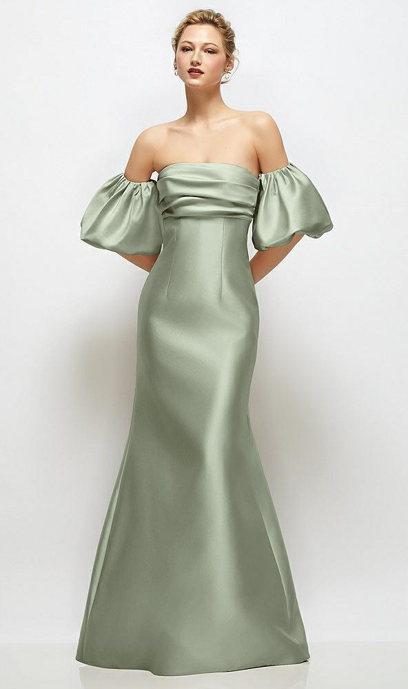 Front View - Sage Off-the-Shoulder Puff Sleeve Satin Maxi Dress with Flared Skirt