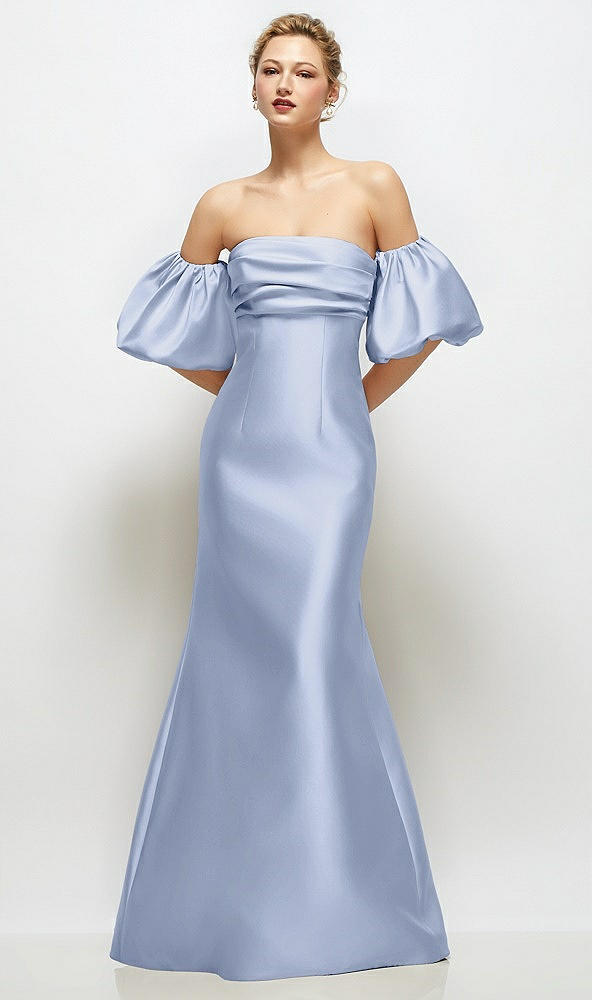 Front View - Sky Blue Off-the-Shoulder Puff Sleeve Satin Maxi Dress with Flared Skirt