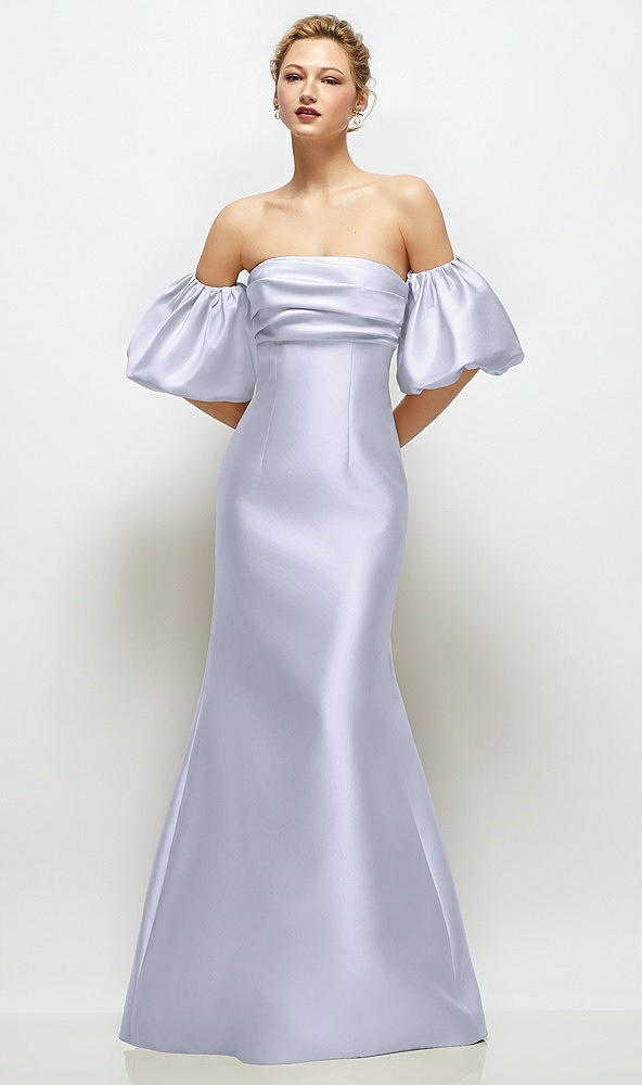 Front View - Silver Dove Off-the-Shoulder Puff Sleeve Satin Maxi Dress with Flared Skirt
