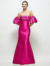 Front View Thumbnail - Think Pink Off-the-Shoulder Puff Sleeve Satin Maxi Dress with Flared Skirt