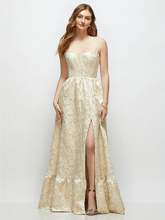 Strapless Cat-Eye Boned Bodice Brocade Maxi Dress with Ruffle Hem
