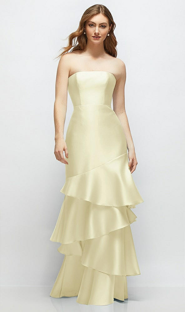 Front View - Butter Yellow Strapless Bodycon Maxi Dress with Tiered Ruffle Skirt