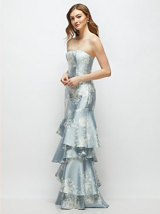 Floral Strapless Bodycon Maxi Dress with Tiered Ruffle Skirt