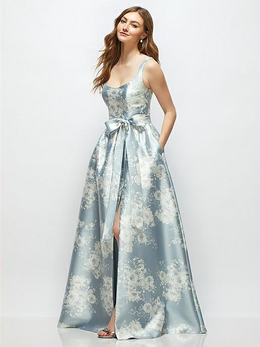 Floral Scoop-Neck Tank Bodice Maxi Dress with Full Skirt