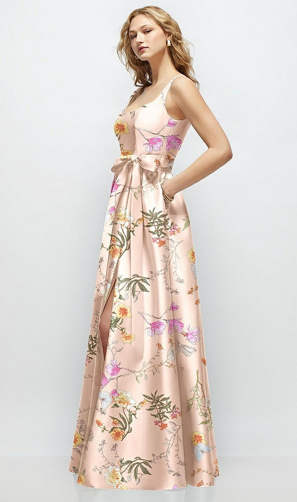 Front View - Butterfly Botanica Pink Sand Floral Scoop-Neck Tank Bodice Maxi Dress with Full Skirt