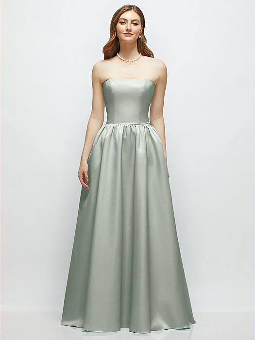 Strapless Satin Drop Waist Gown with Full Skirt