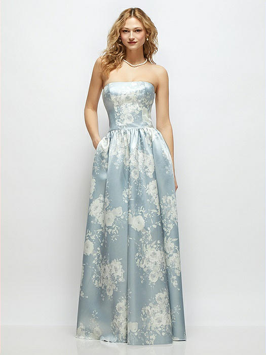 Floral Strapless Satin Drop Waist Gown with Full Skirt