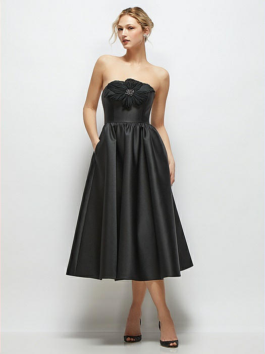 Strapless Satin Midi Dress with Handmade Flower & Horsehair Hem
