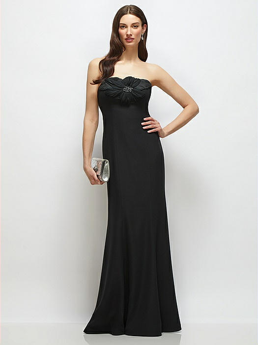 Strapless Black Fit and Flare Dress with Handmade Flower