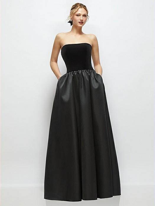 Strapless Black Velvet and Satin Drop Waist Gown with Full Skirt