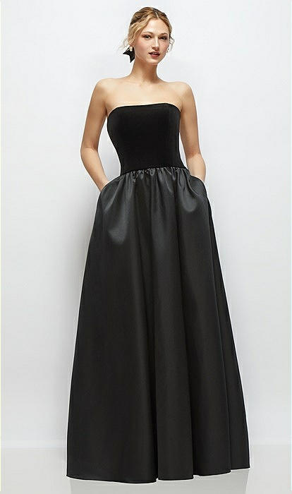 Strapless Black Velvet And Satin Drop Waist Bridesmaid Dress With