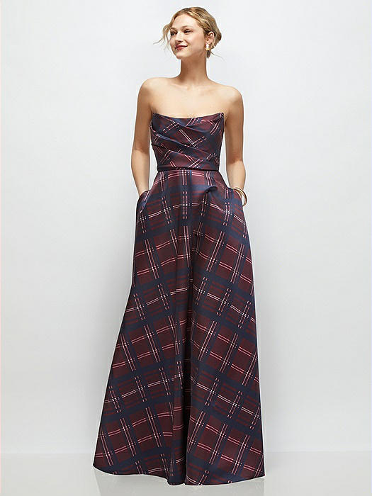 Strapless Draped Tartan Cat-Eye Satin Maxi Dress with Full Skirt