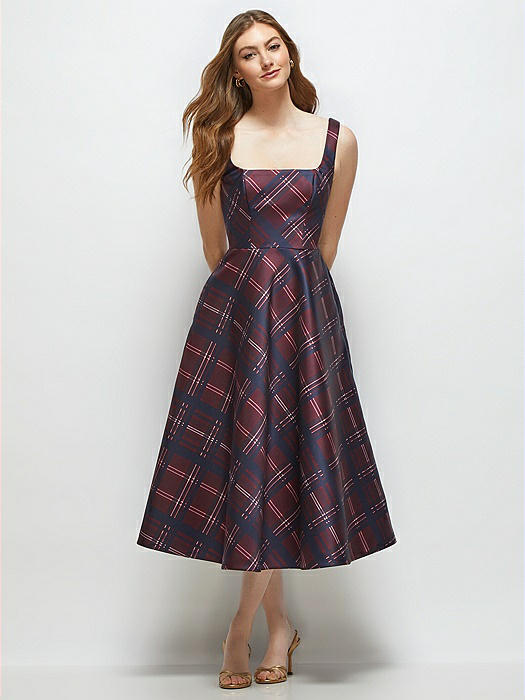 Square Neck Alba Tartan Satin Midi Dress
