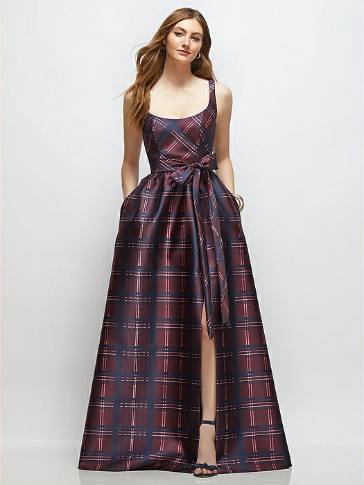 Scoop-Neck Tank Bodice Alba Tartan Satin Maxi Dress with Full Skirt