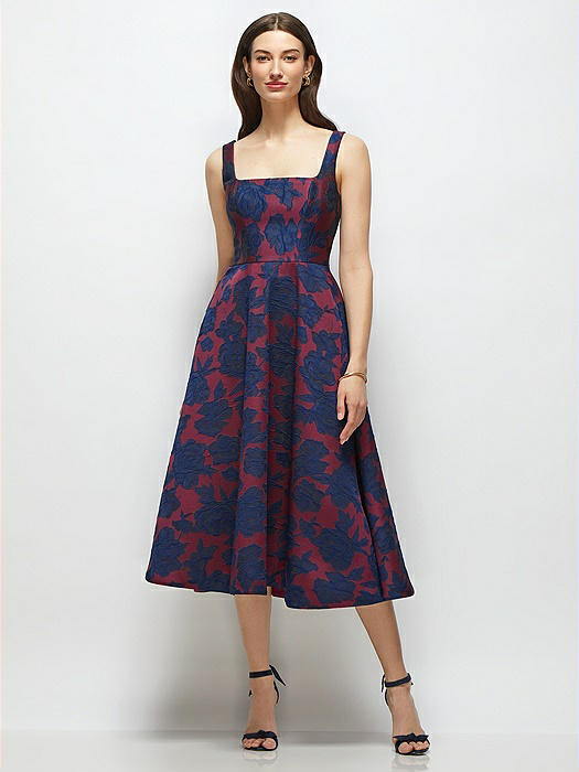 Square Neck Heritage Floral Jacquard Midi Dress