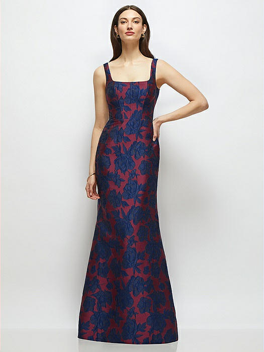 Heritage Floral Jacquard Square Neck Maxi Dress with Trumpet Skirt