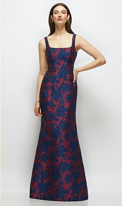 Heritage Floral Jacquard Square Neck Maxi Bridesmaid Dress With
