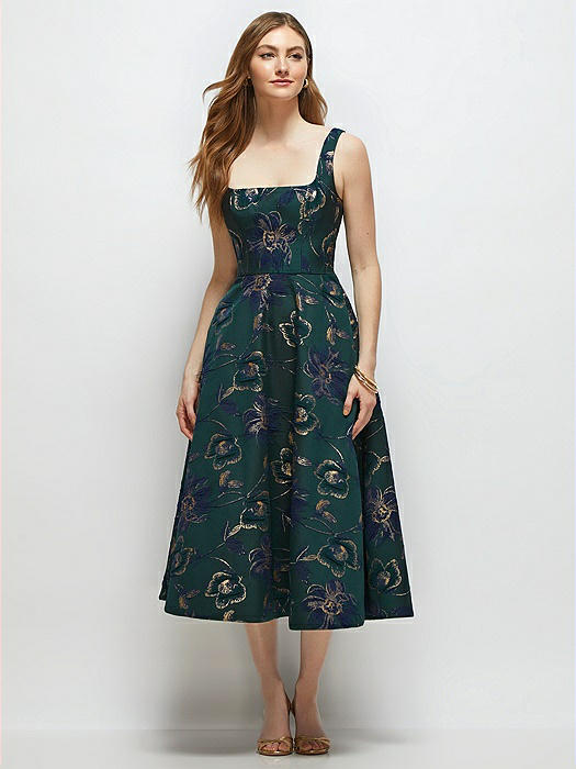 Square Neck Oscar Metallic Floral Jacquard Midi Dress