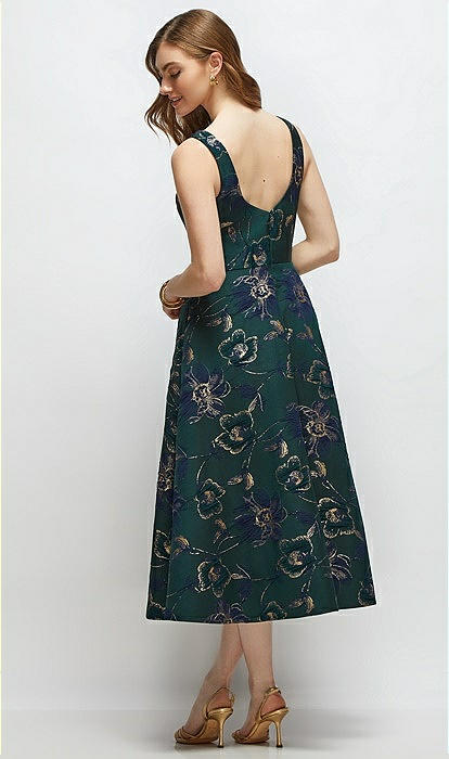 Square Neck Oscar Metallic Floral Jacquard Midi Bridesmaid Dress