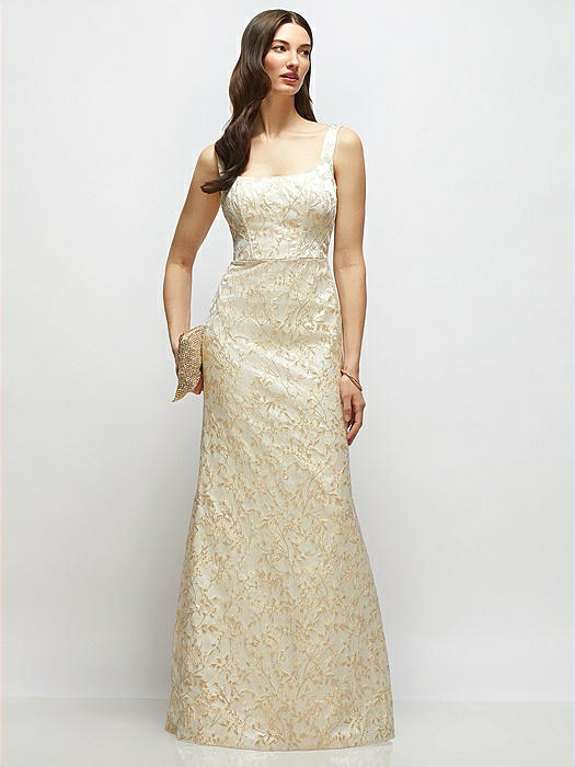 Champagne Floral Brocade Square Neck Maxi Dress with Trumpet Skirt