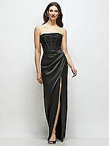 Front View Thumbnail - Black Strapless Lace and Satin Corset Maxi Dress with Draped Column Skirt