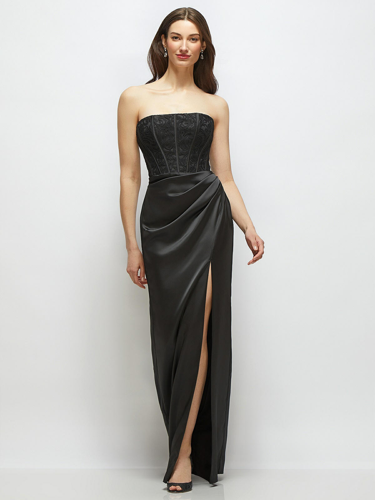 Strapless Lace And Satin Corset Maxi Bridesmaid Dress With Draped