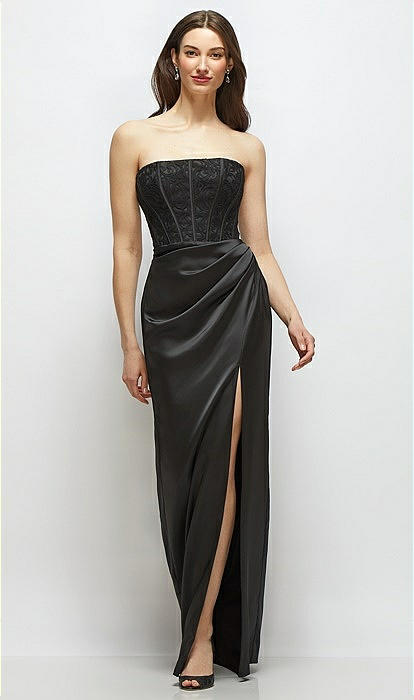 Strapless Lace And Satin Corset Maxi Bridesmaid Dress With Draped