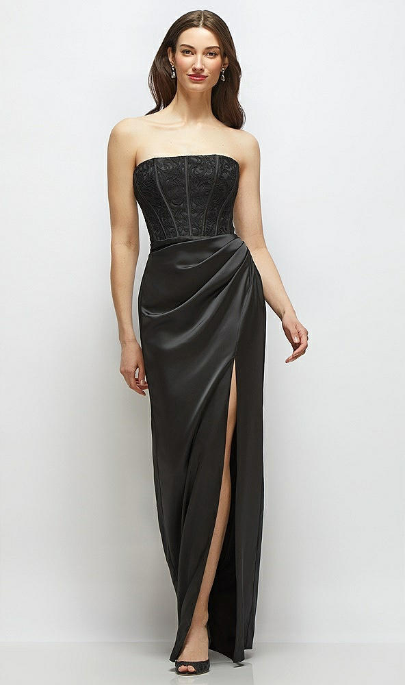 Front View - Black Strapless Lace and Satin Corset Maxi Dress with Draped Column Skirt