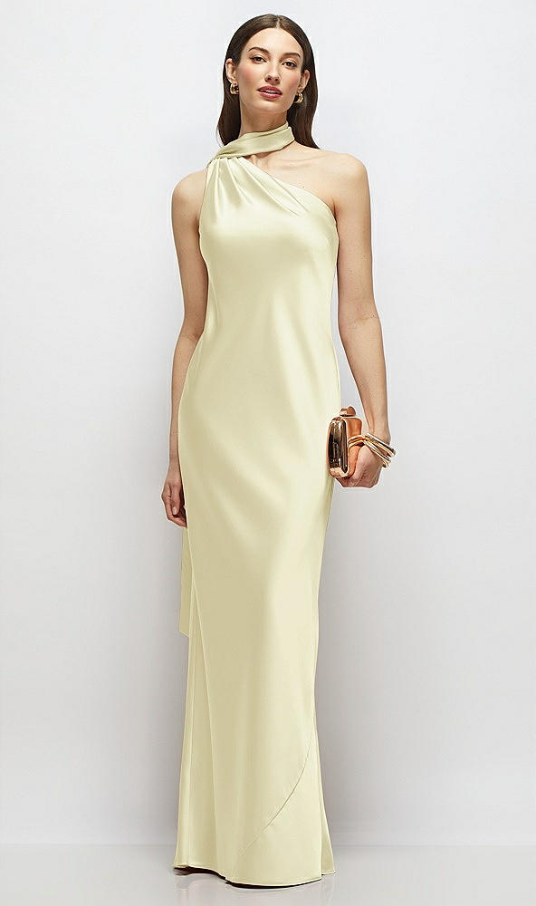 Front View - Butter Yellow Draped Scarf One-Shoulder Bias Stretch Satin Maxi Dress