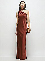 Front View Thumbnail - Auburn Moon Draped Scarf One-Shoulder Bias Stretch Satin Maxi Dress