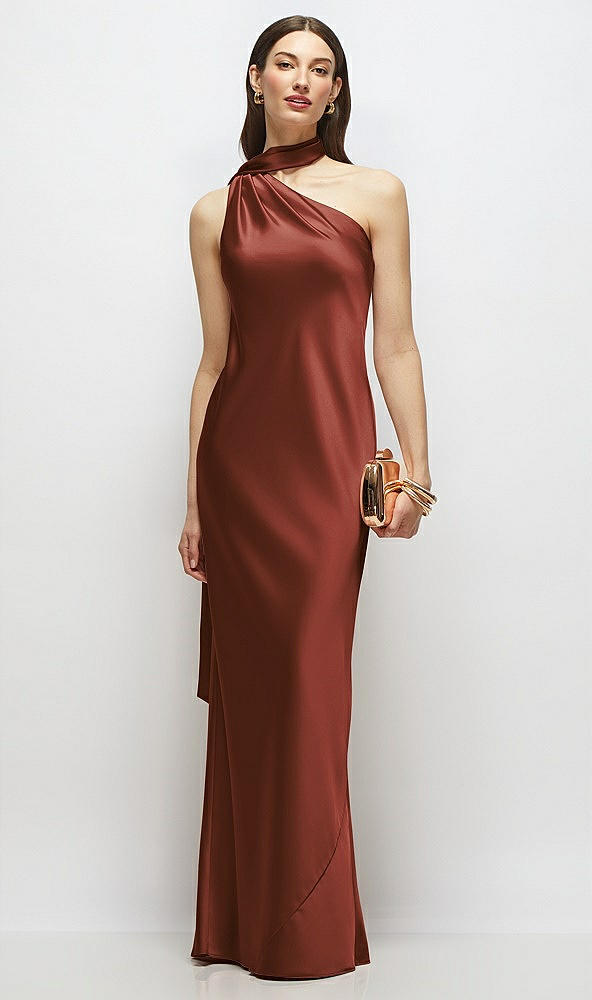 Front View - Auburn Moon Draped Scarf One-Shoulder Bias Stretch Satin Maxi Dress